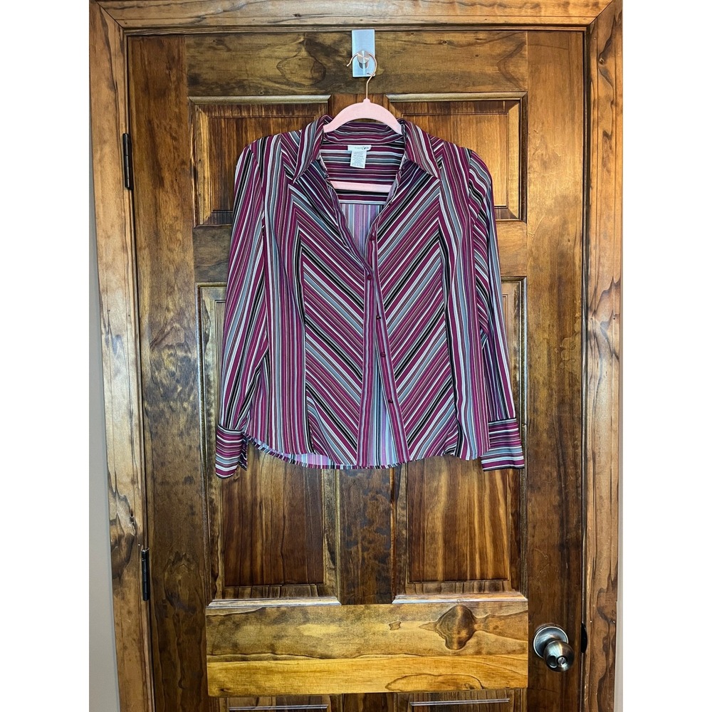 East 5th Petite Striped Button Up Shirt Women's Size Medium Petite Burgundy Blue